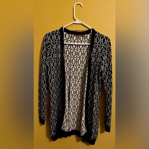 Geometric black and white cardigan.